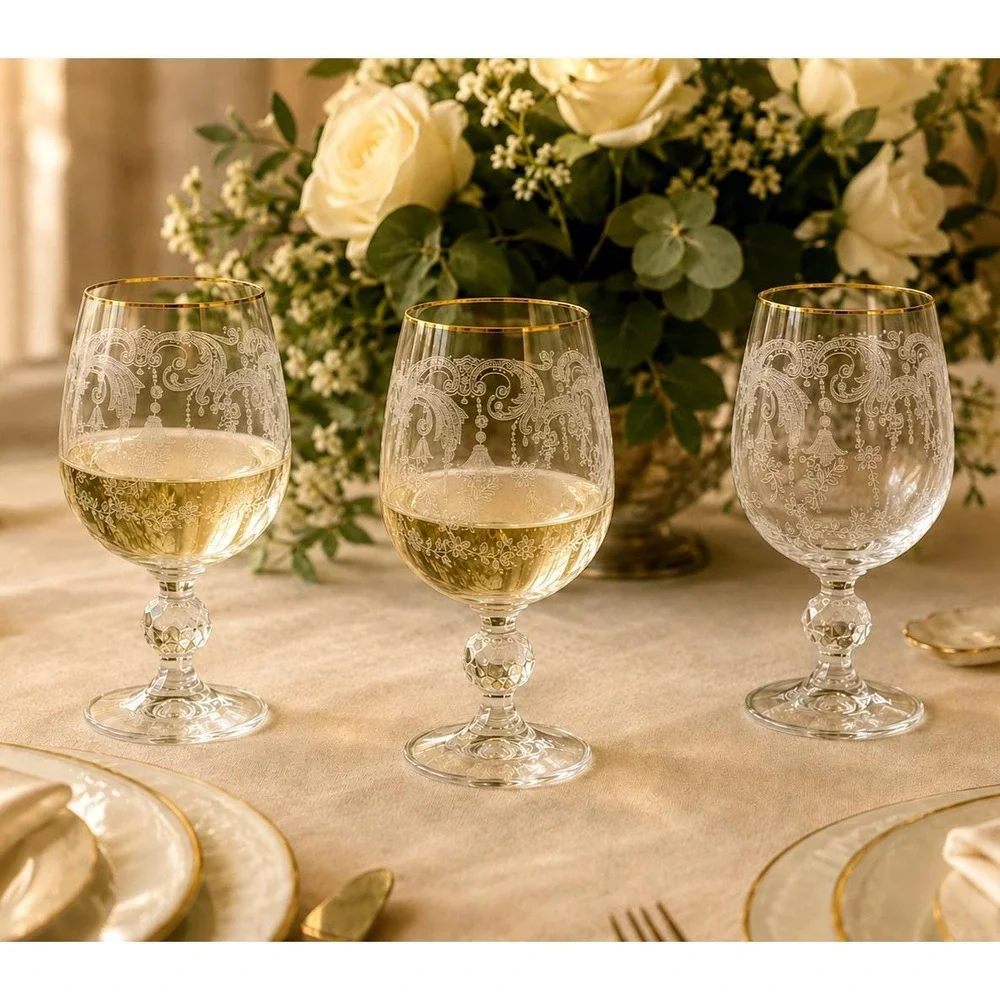 Vintage Bohemia Queen's Lace Crystal Etched Wine/Water Goblets w/Gold Trim set 3